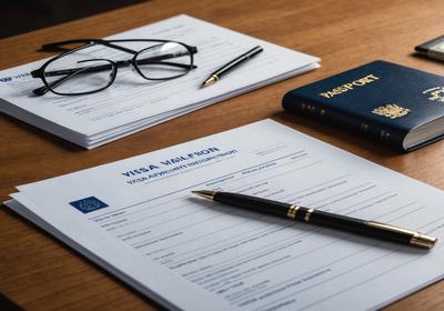 Visa application documents on a desk